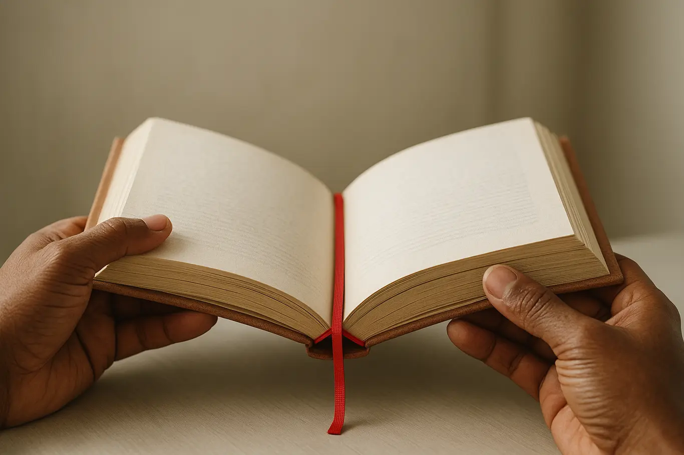 Close-up de mãos virando a página de um livro, foco na textura do papel e marcador vermelho