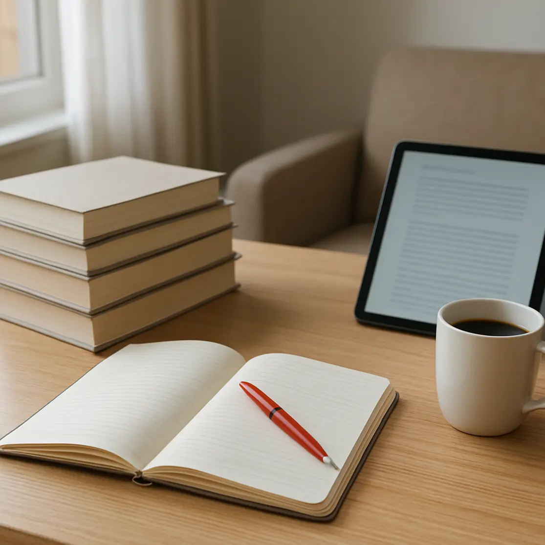 Ambiente de leitura com pilha de livros, caderno e tablet desfocado em mesa de madeira clara