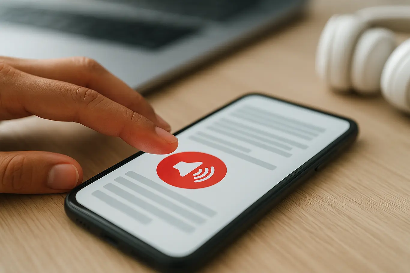 Close-up das mãos tocando um ícone vermelho em tela que representa reprodução de PDF