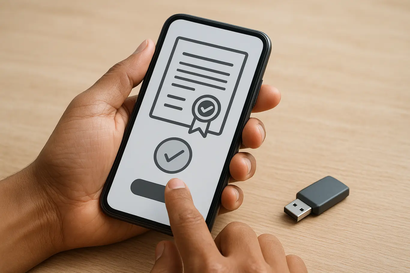 Close-up de mãos brasileiras assinando PDF num smartphone com token USB ao lado