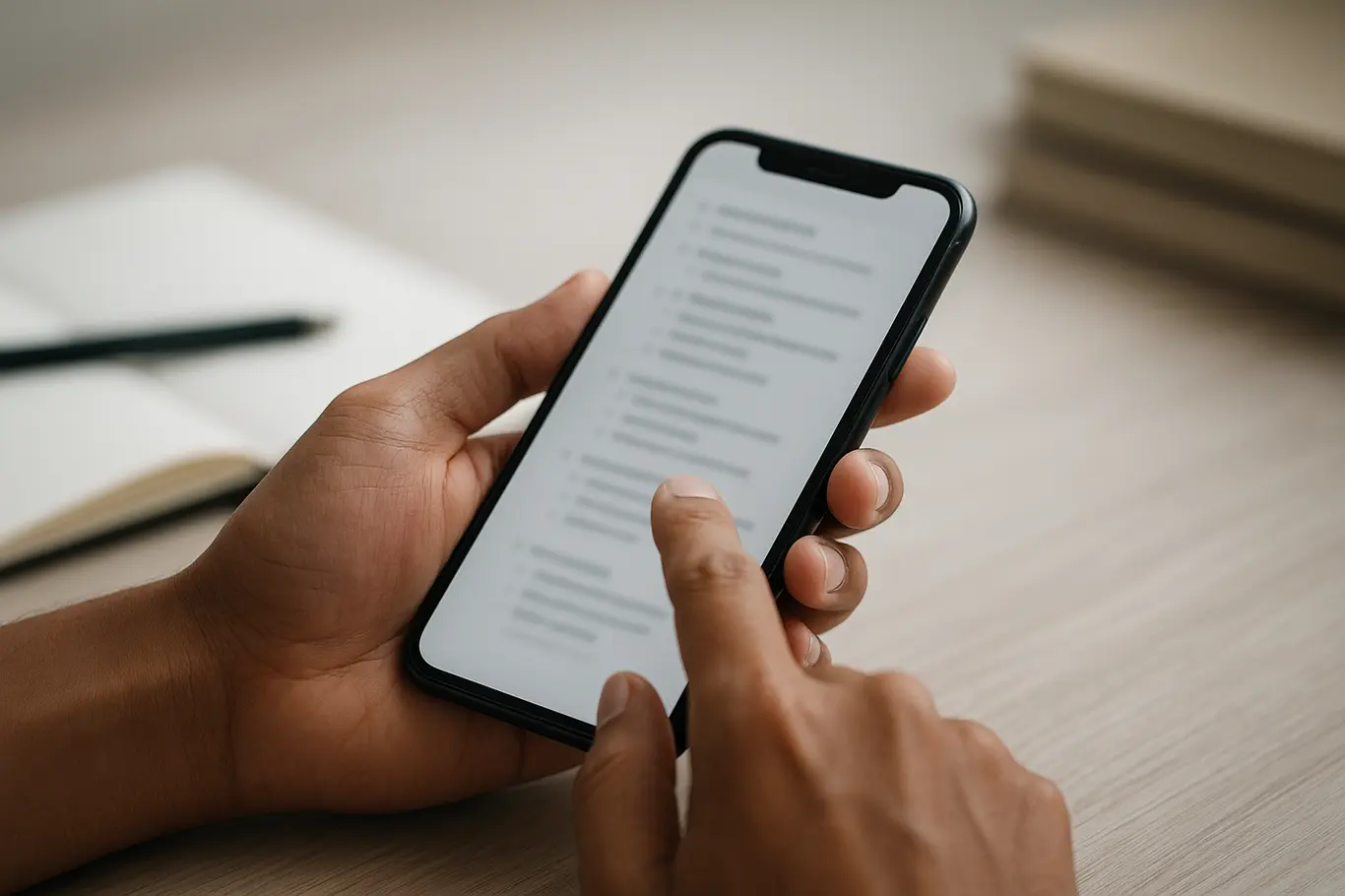 Close-up de mãos brasileiras navegando PDF em smartphone sobre mesa clara