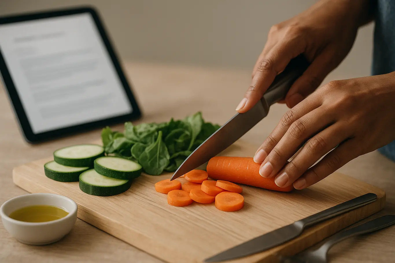 Close-up das mãos cortando legumes sobre tábua de madeira, tablet com PDF desfocado ao fundo