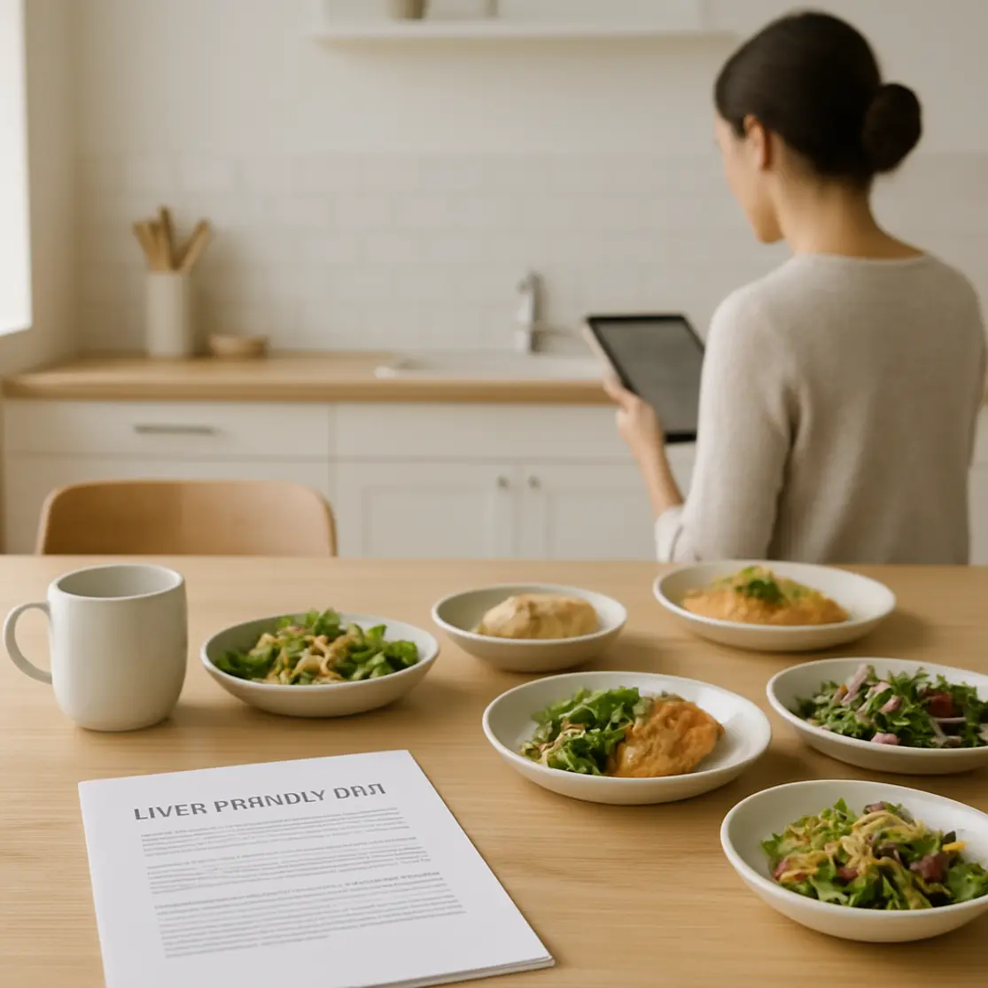 Cozinha minimalista com mesa de madeira, pratos saudáveis e PDF impresso parcialmente visível