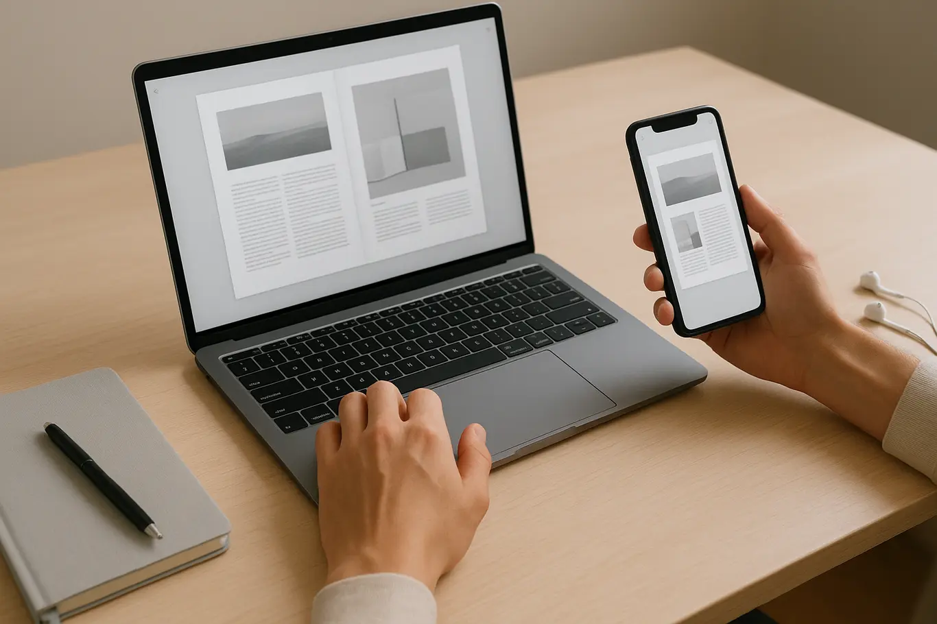 Workspace minimalista com notebook e smartphone exibindo páginas de catálogo em PDF, mãos interagindo