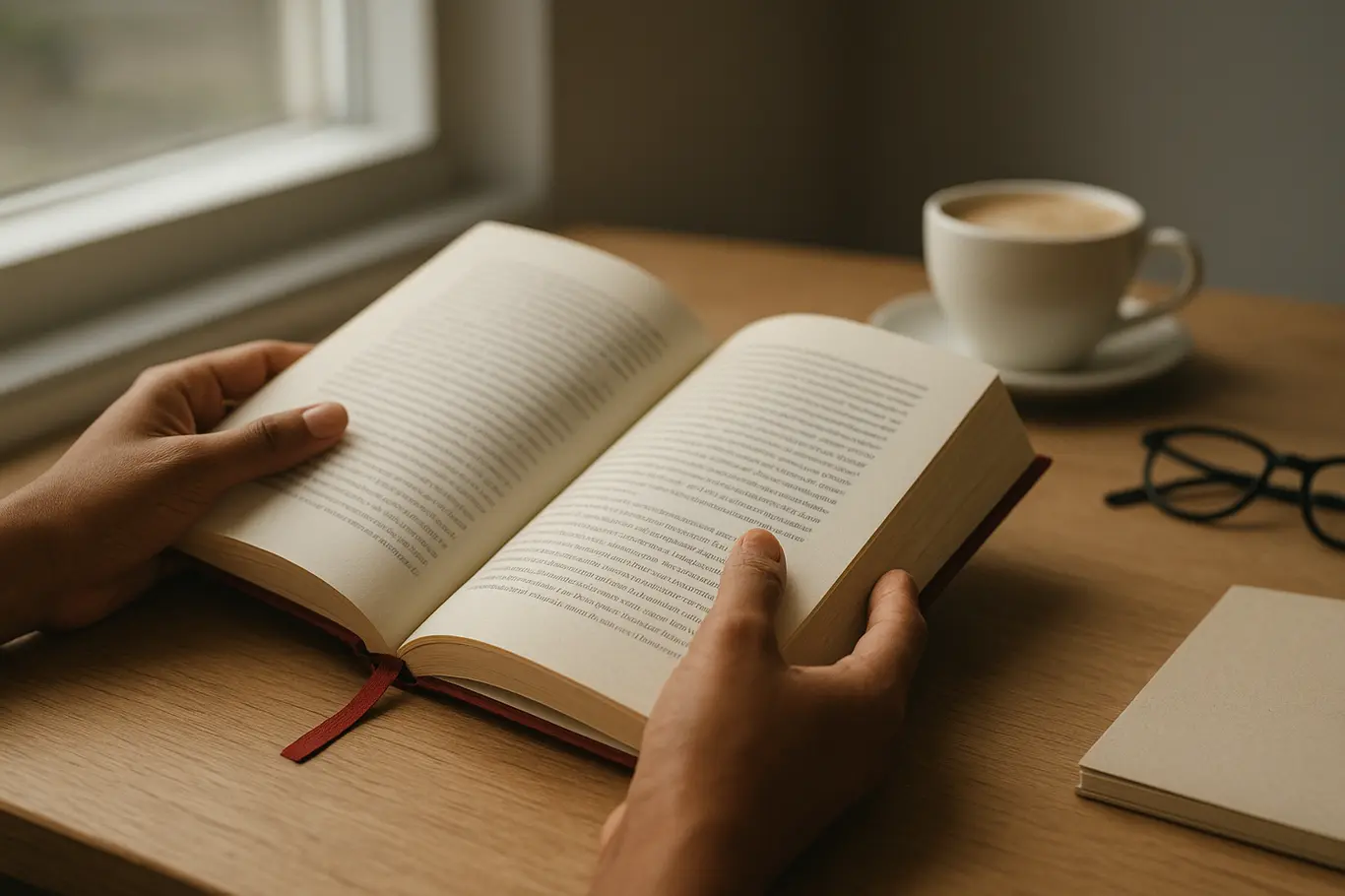 Mãos abrindo livro sobre mesa clara com xícara de café e marcador vermelho ao lado