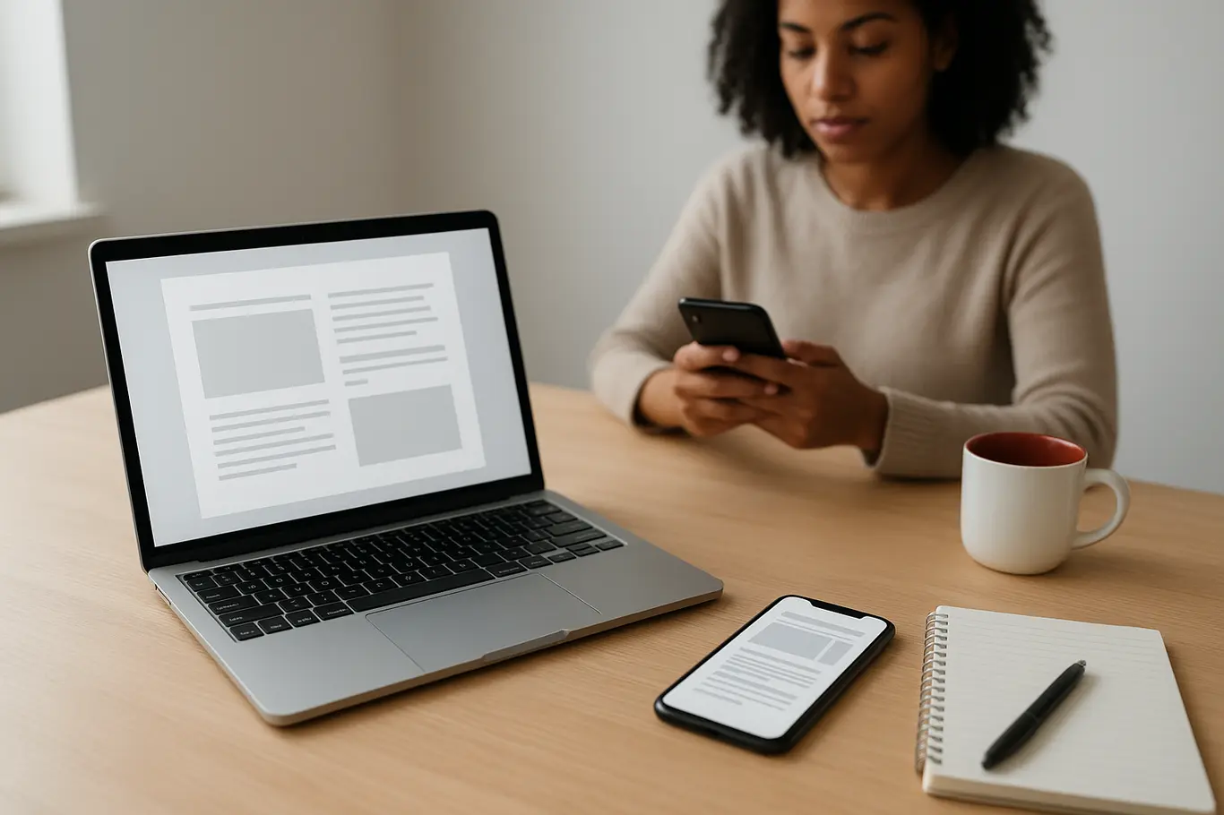 Mesa de trabalho aberta com notebook e smartphone mostrando documentos genéricos