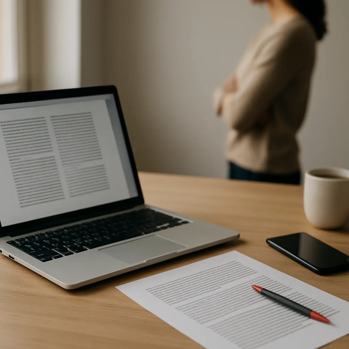 Workspace aberto com notebook, página impressa e smartphone, ambiente neutro e organizado