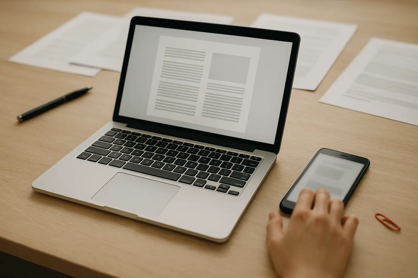 Workspace com notebook e smartphone sobre mesa clara, documento genérico na tela e detalhes organizados em tons neutros com acento vermelho