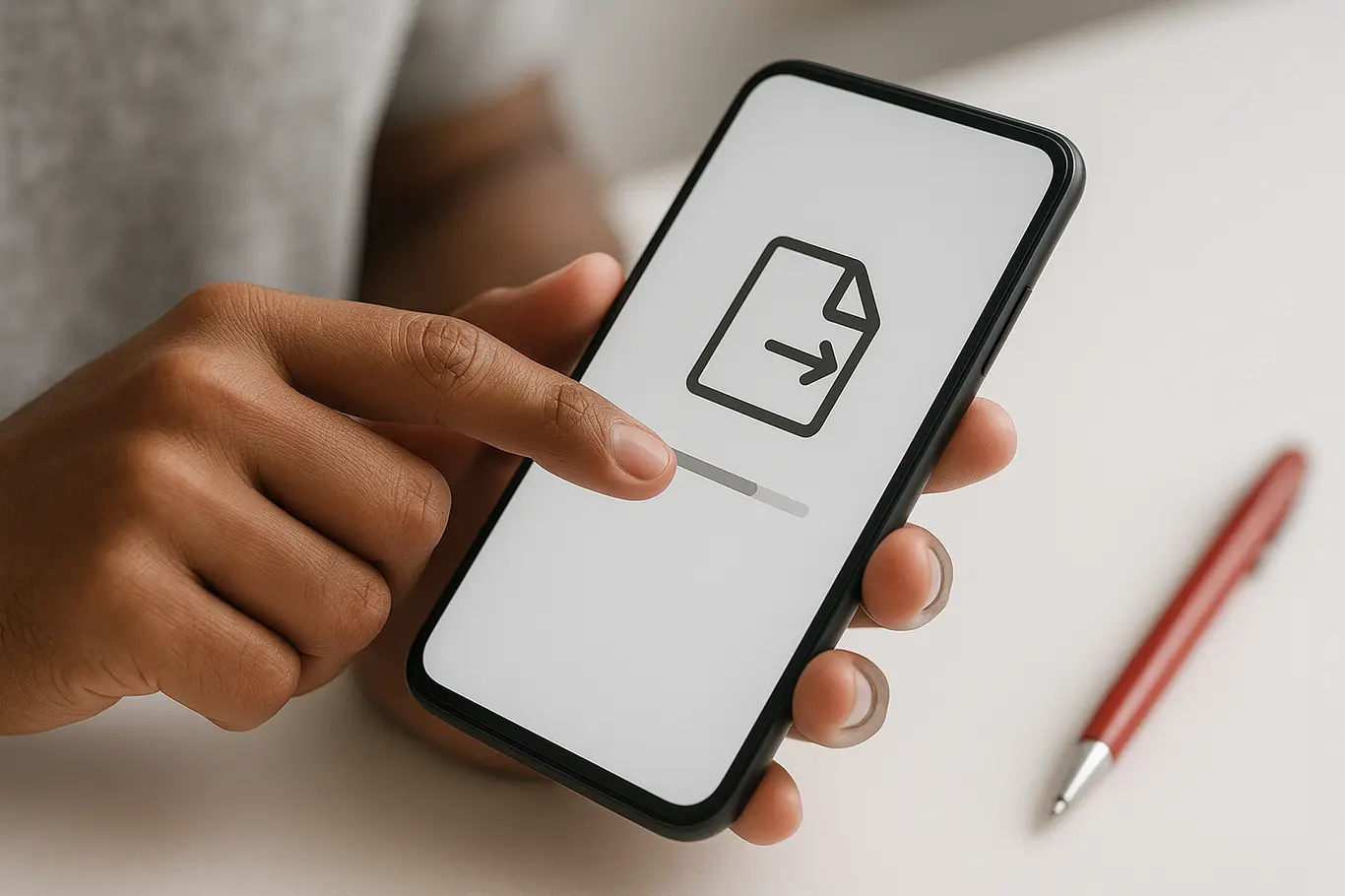 Close-up de mãos brasileiras usando smartphone para transformar um documento, foco na tela e dedos