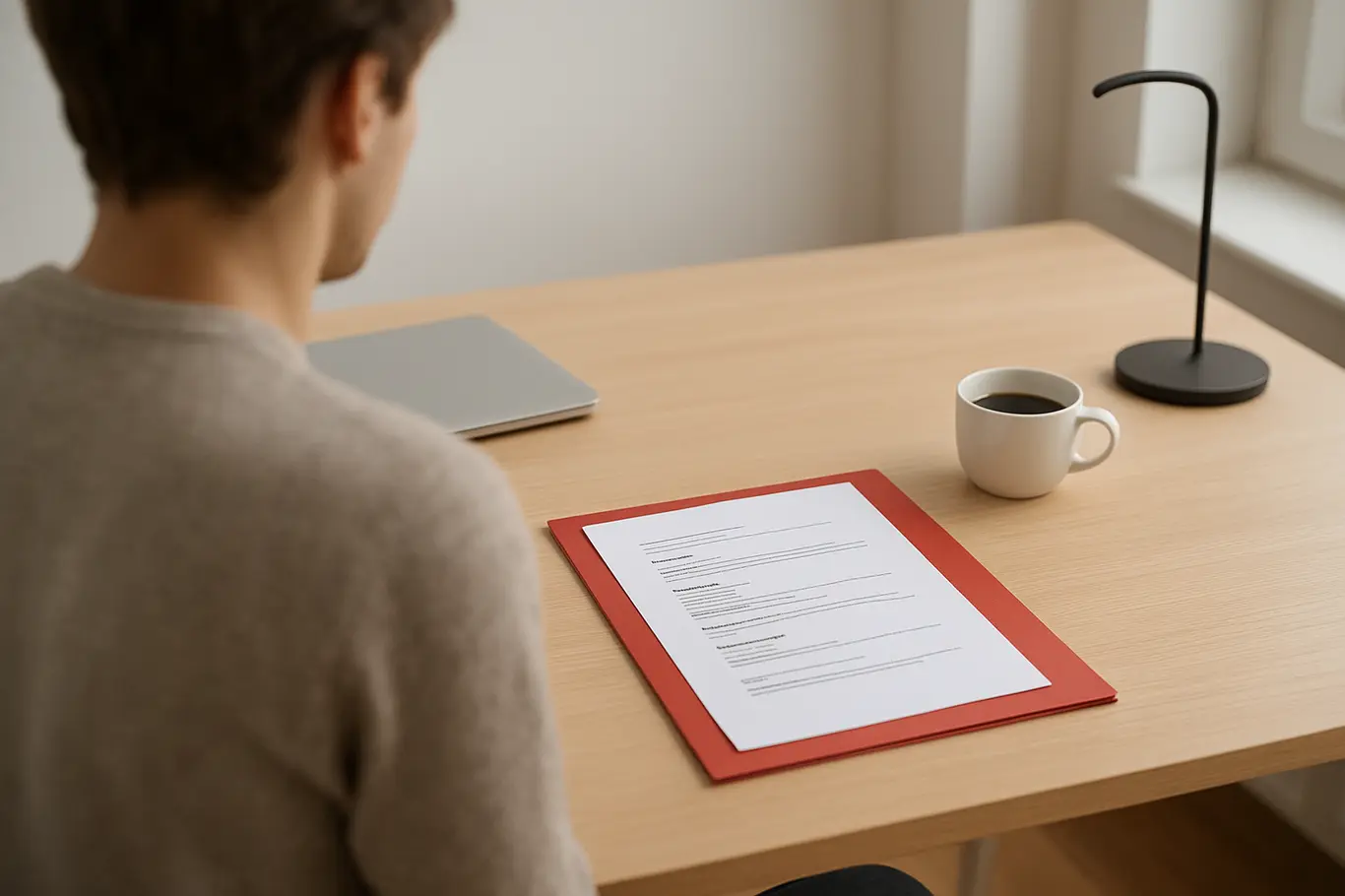 Visão ampla do workspace com folha de currículo sobre pasta vermelha e notebook, jovem de costas desfocado