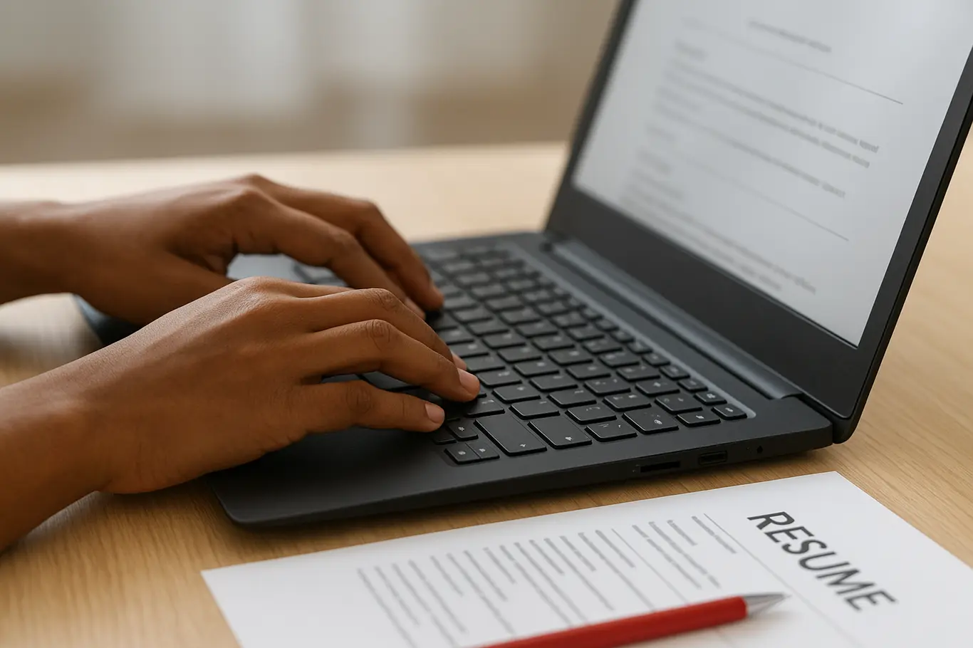 Close-up das mãos digitando em notebook com documento de currículo em PDF na tela, foco nas mãos