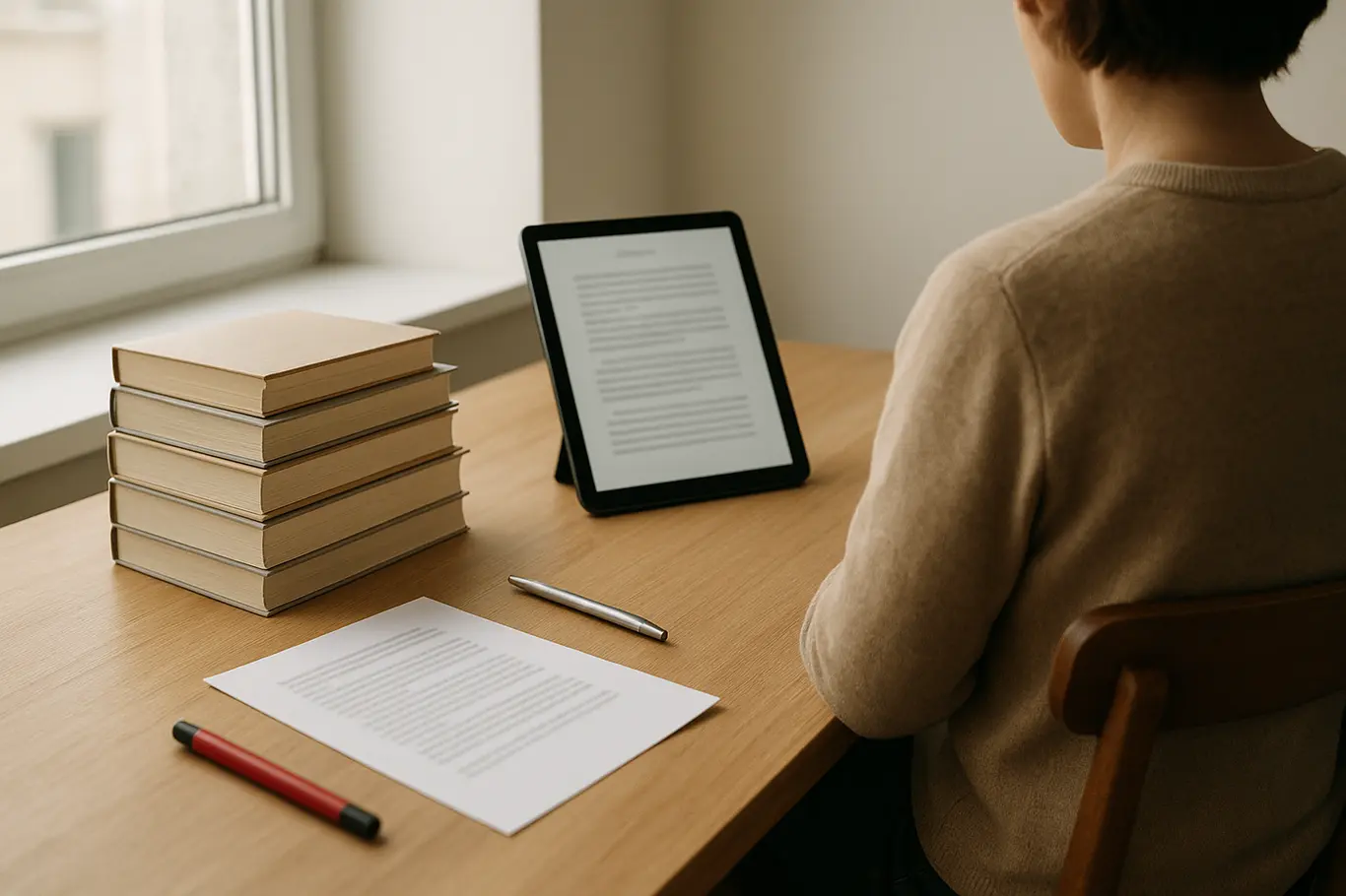 Workspace com pilha de livros, tablet com documento borrado e pessoa de costas