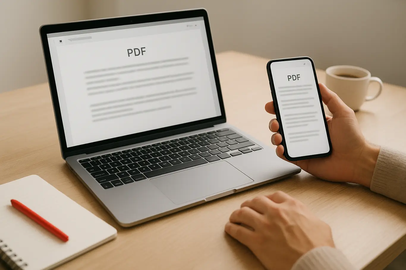 Workspace aberto com notebook e smartphone mostrando documentos genéricos borrados, bloco de notas com acento vermelho