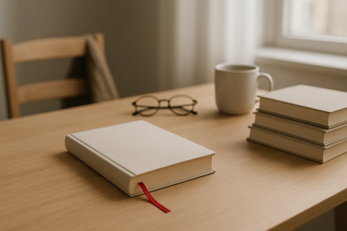 Mesa de leitura com livro fechado, pilha de volumes, óculos e caneca, iluminação natural