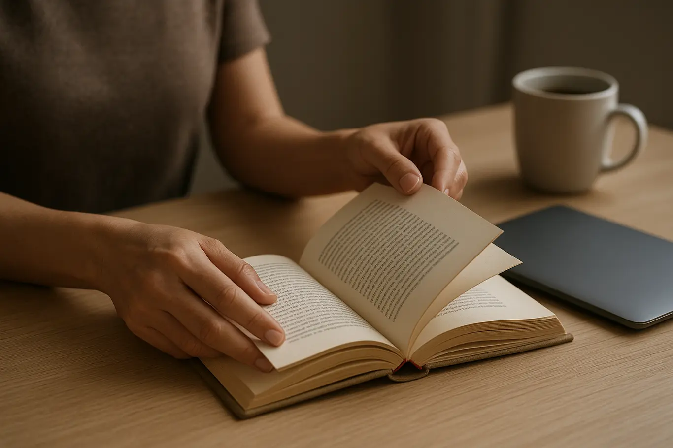 Mãos virando as últimas páginas de um livro, mesa com café ao fundo