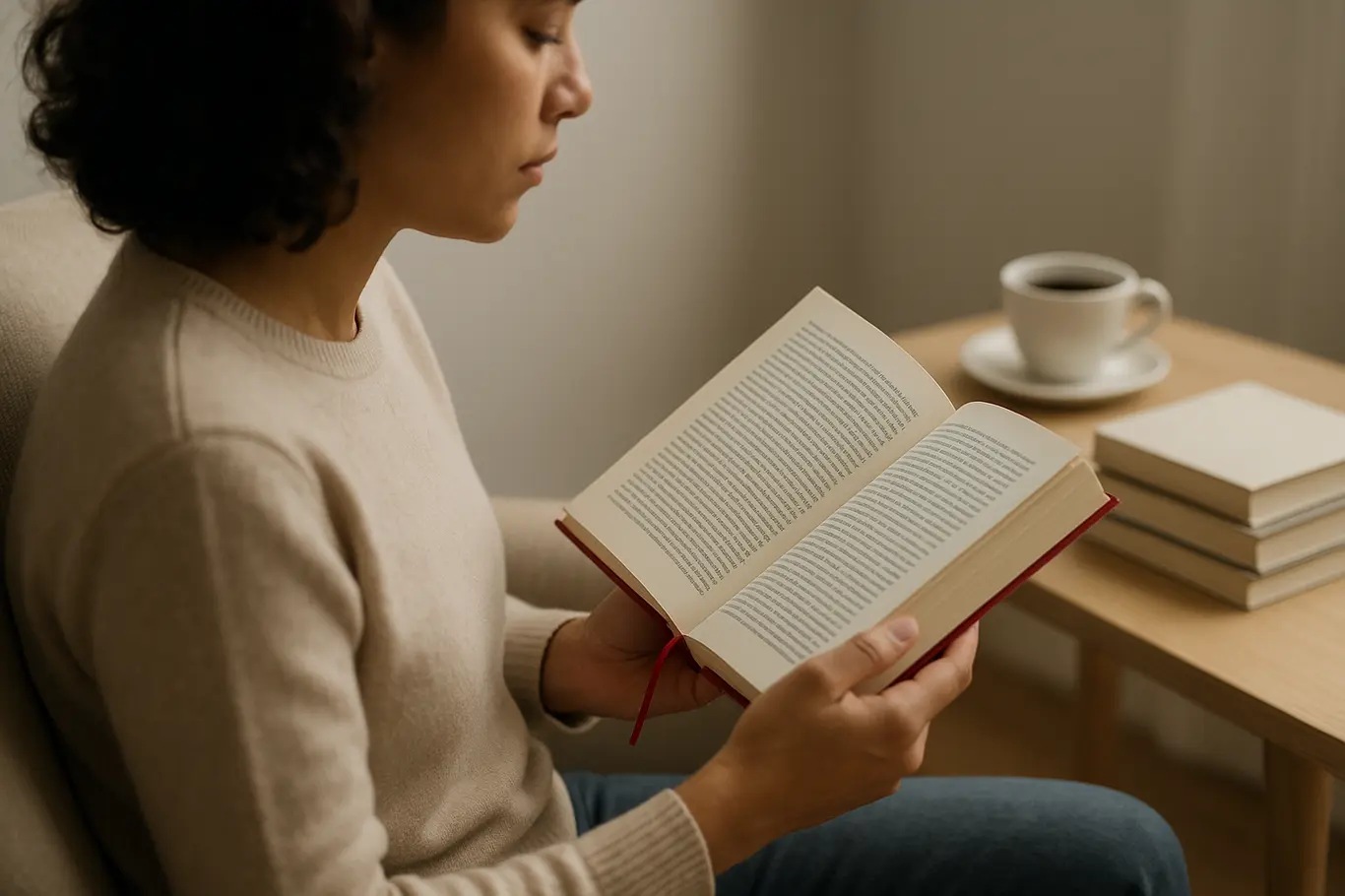 Pessoa lendo livro em poltrona com pilha de livros e xícara de café em mesa clara