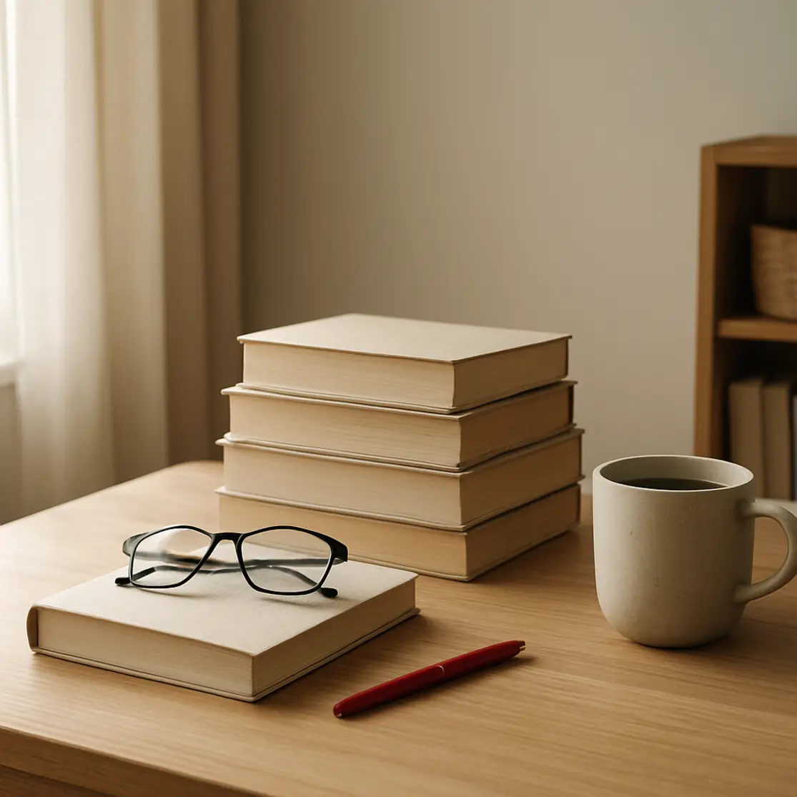 Mesa de madeira clara com pilha de livros, óculos e caneca, iluminação natural lateral