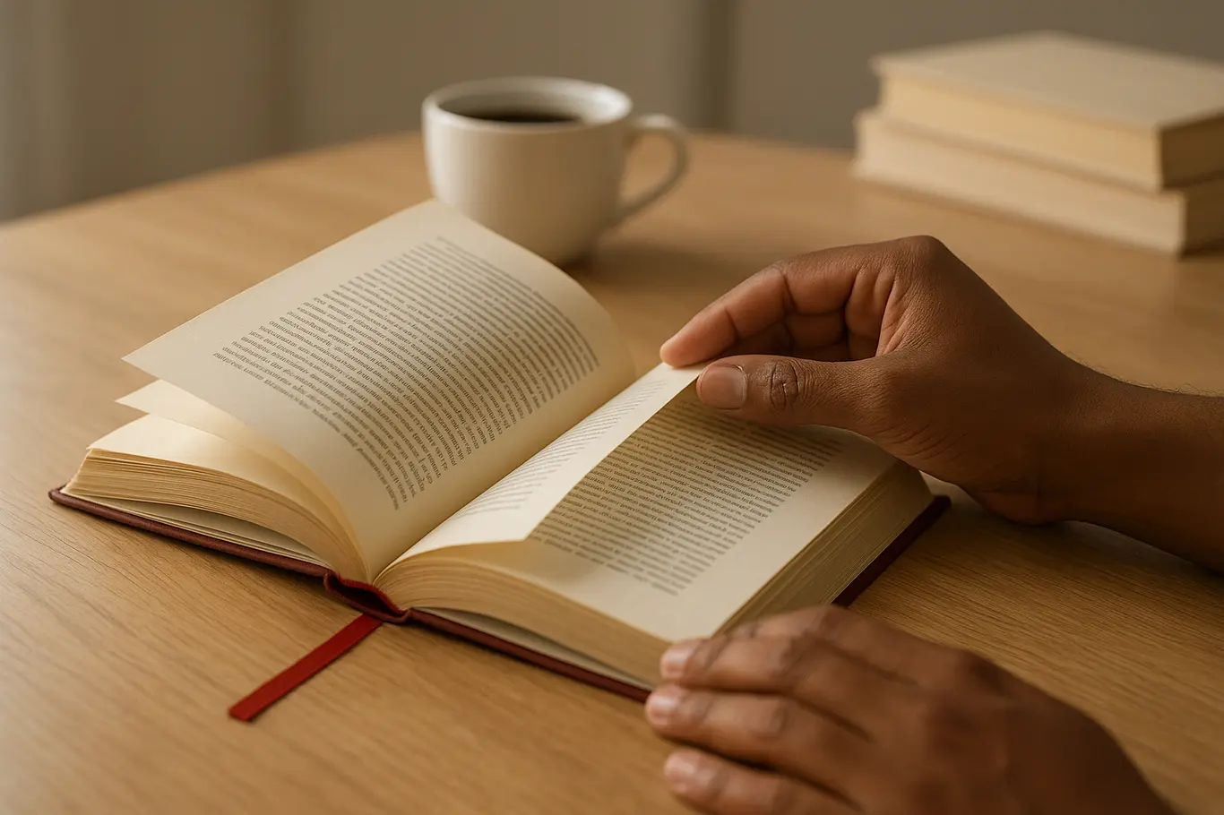 Livro aberto com mãos virando a página, xícara de café e pilha de livros ao fundo desfocado