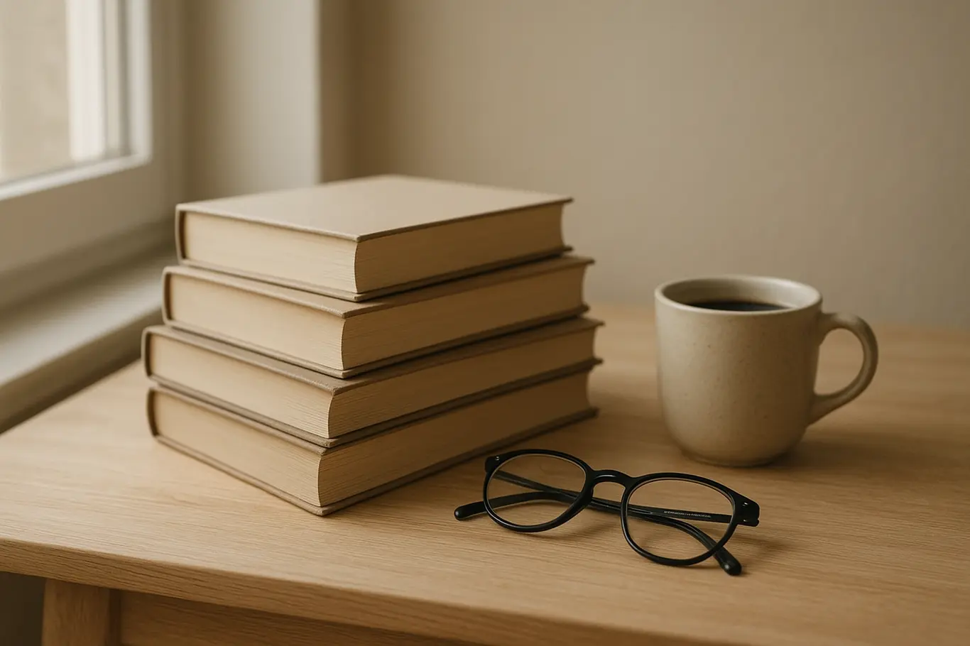 Mesa de leitura com pilha de livros, marcador vermelho e óculos, iluminação natural suave