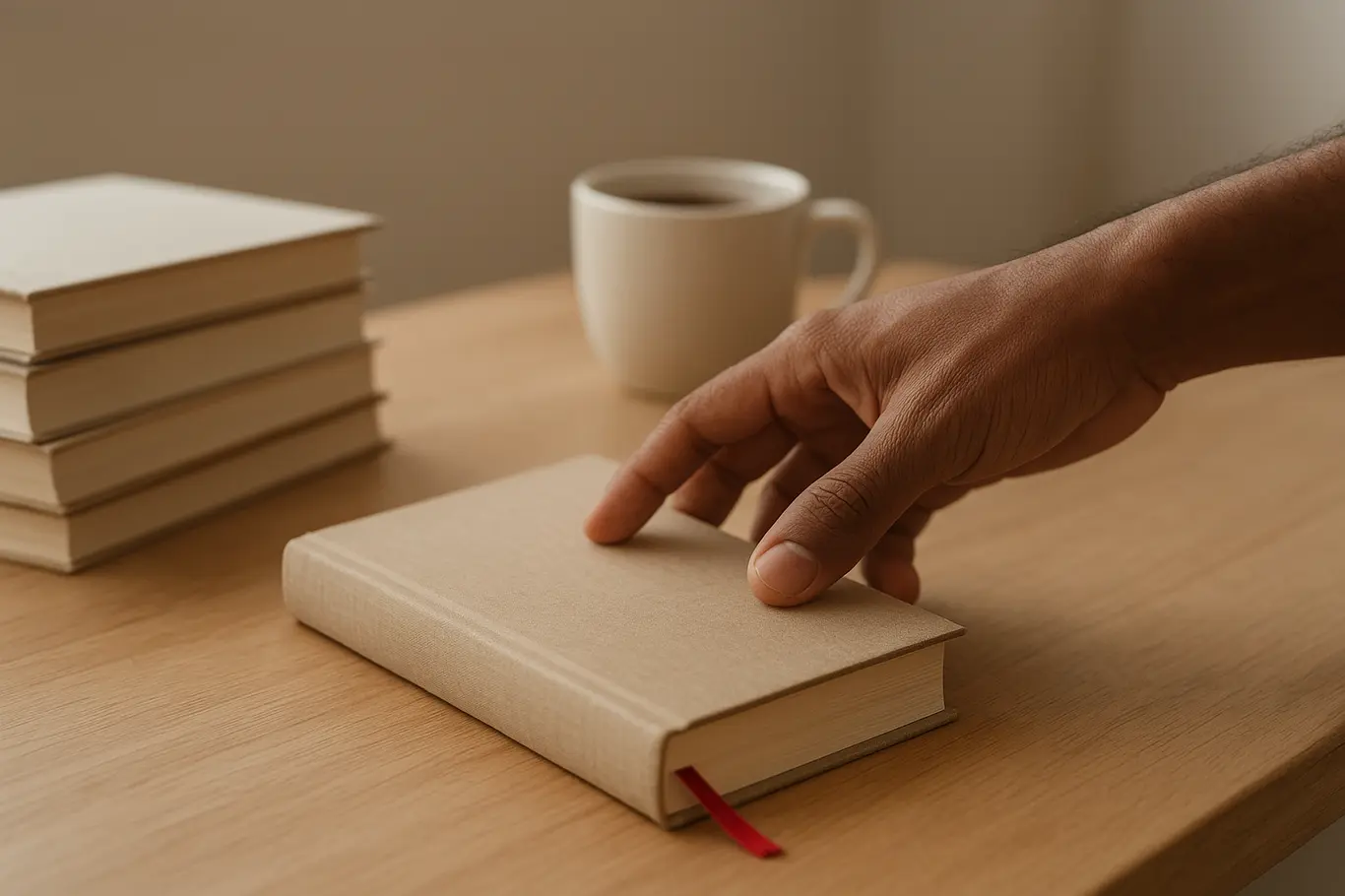 Mão masculina alcançando livro encadernado sobre mesa de madeira, pilha de livros e café ao fundo