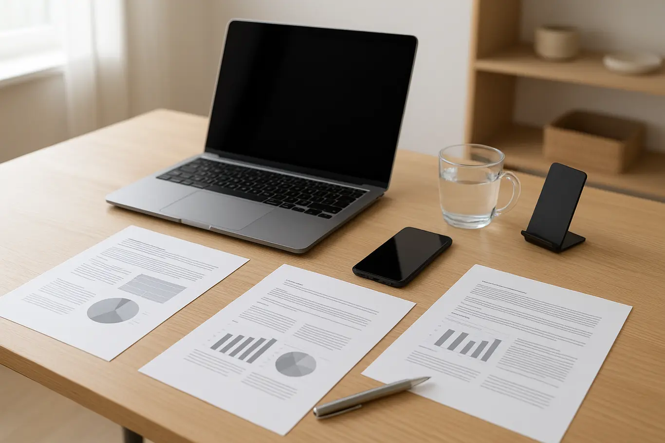Workspace aberto com notebook, smartphone e folhas de resumo genéricas sobre mesa de madeira clara