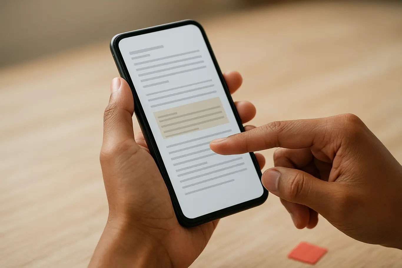Close-up das mãos segurando smartphone com resumo de documento genérico, marcador vermelho ao lado