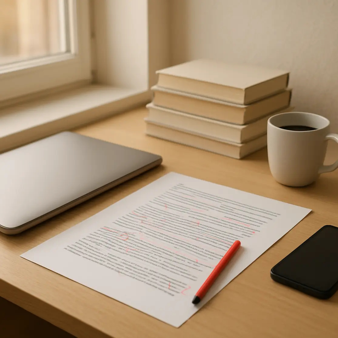 Workspace aberto com laptop, folha impressa marcada, pilha de livros e xícara de café em luz natural