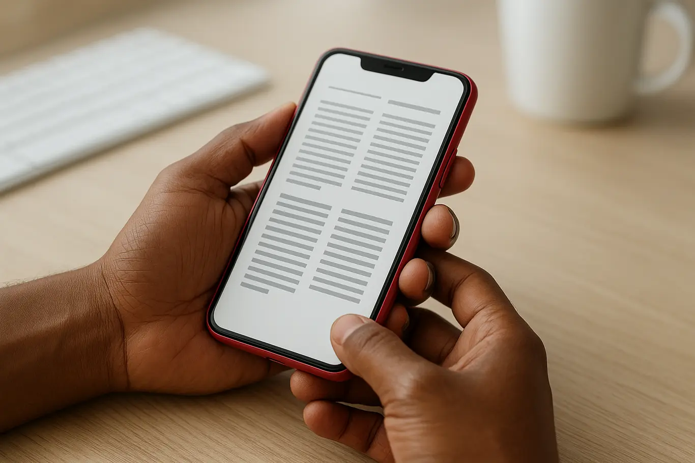 Close-up das mãos segurando smartphone mostrando visualização genérica de PDF com colunas de tradução