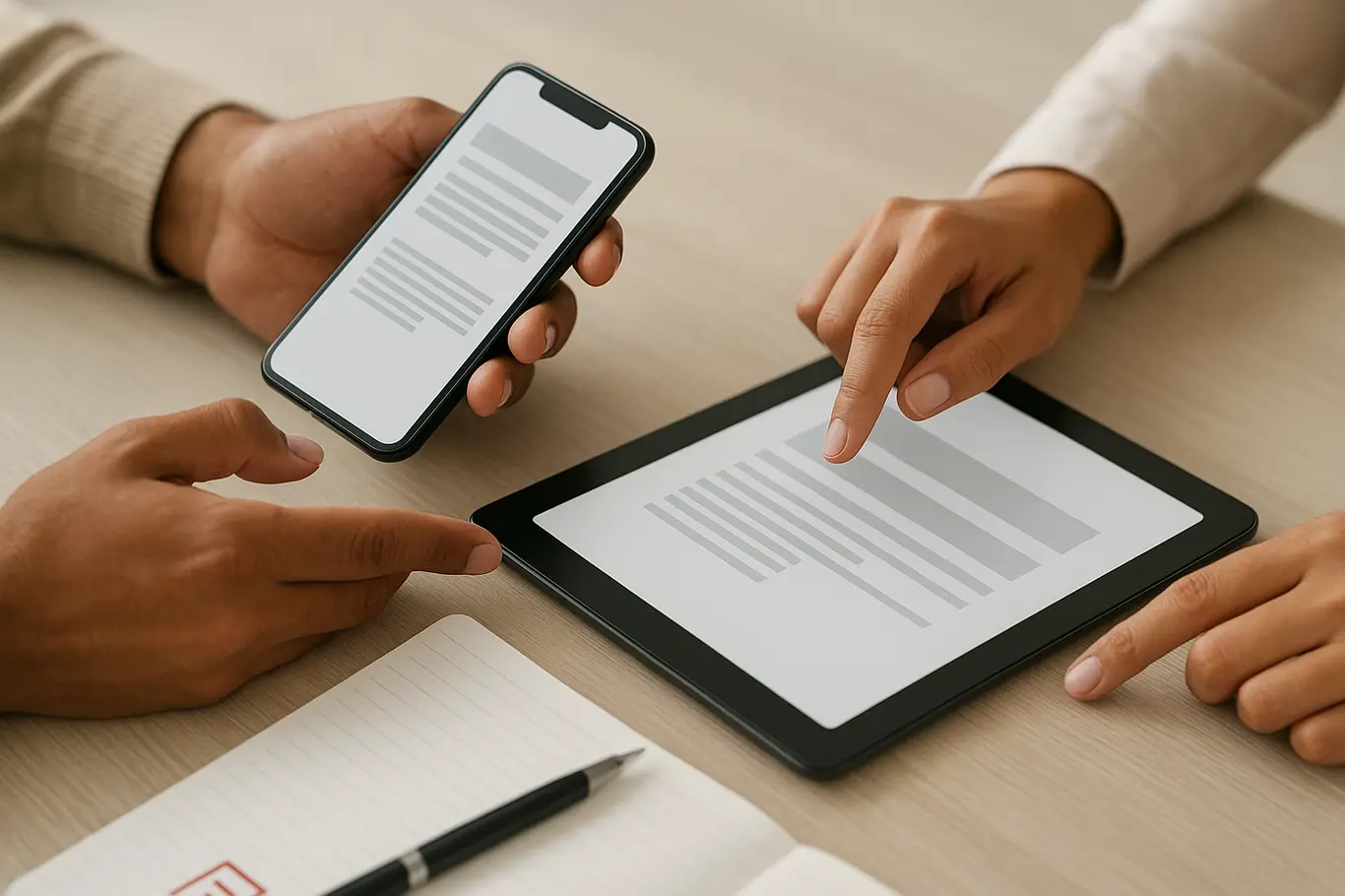 Close-up de mãos brasileiras usando smartphone e tablet com documentos PDF genéricos sobre mesa neutra