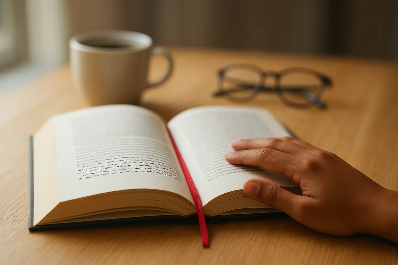 Livro aberto sobre mesa com marcador vermelho, mão ao lado e xícara de café ao fundo desfocado
