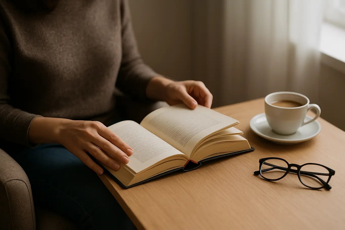 Pessoa de perfil lendo um livro na poltrona, mãos segurando o exemplar, xícara de café e óculos na mesa.