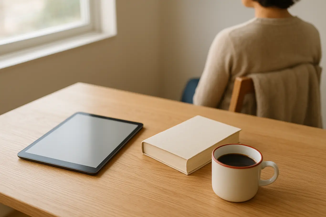 Mesa de leitura com tablet desligado, livro empilhado e xícara de café