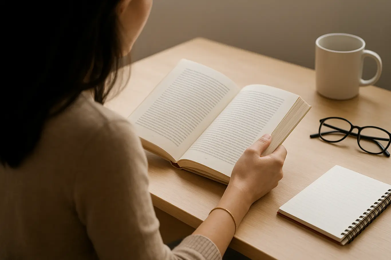 Pessoa vista de três quartos folheando um livro aberto sobre mesa com óculos e caneca