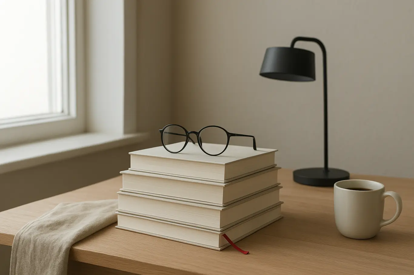Canto de leitura com pilha de livros de capa neutra, xícara de café e óculos sobre mesa de madeira