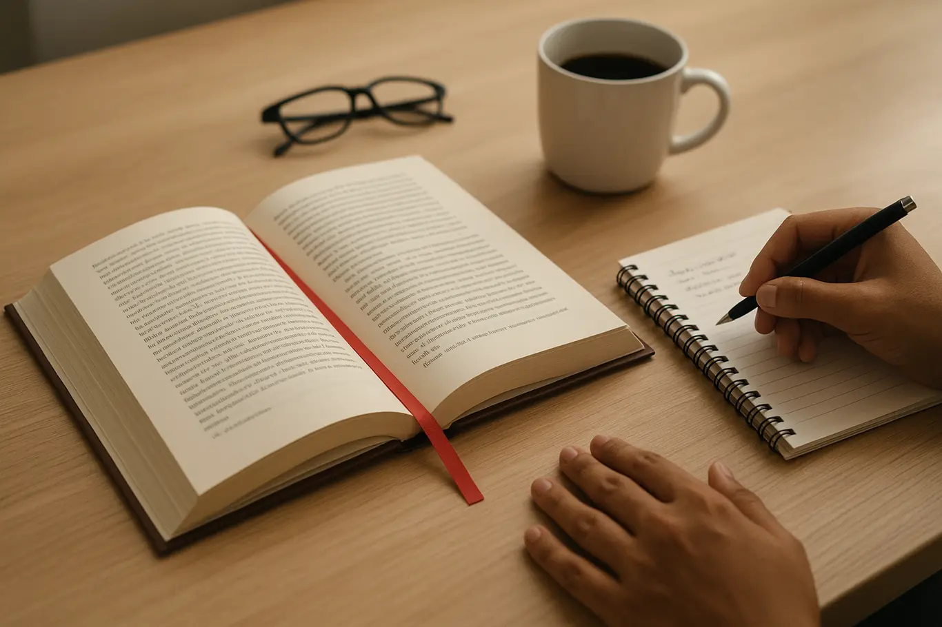Mesa de leitura com livro aberto, marcador vermelho, bloco de notas e caneca de café em ambiente neutro.