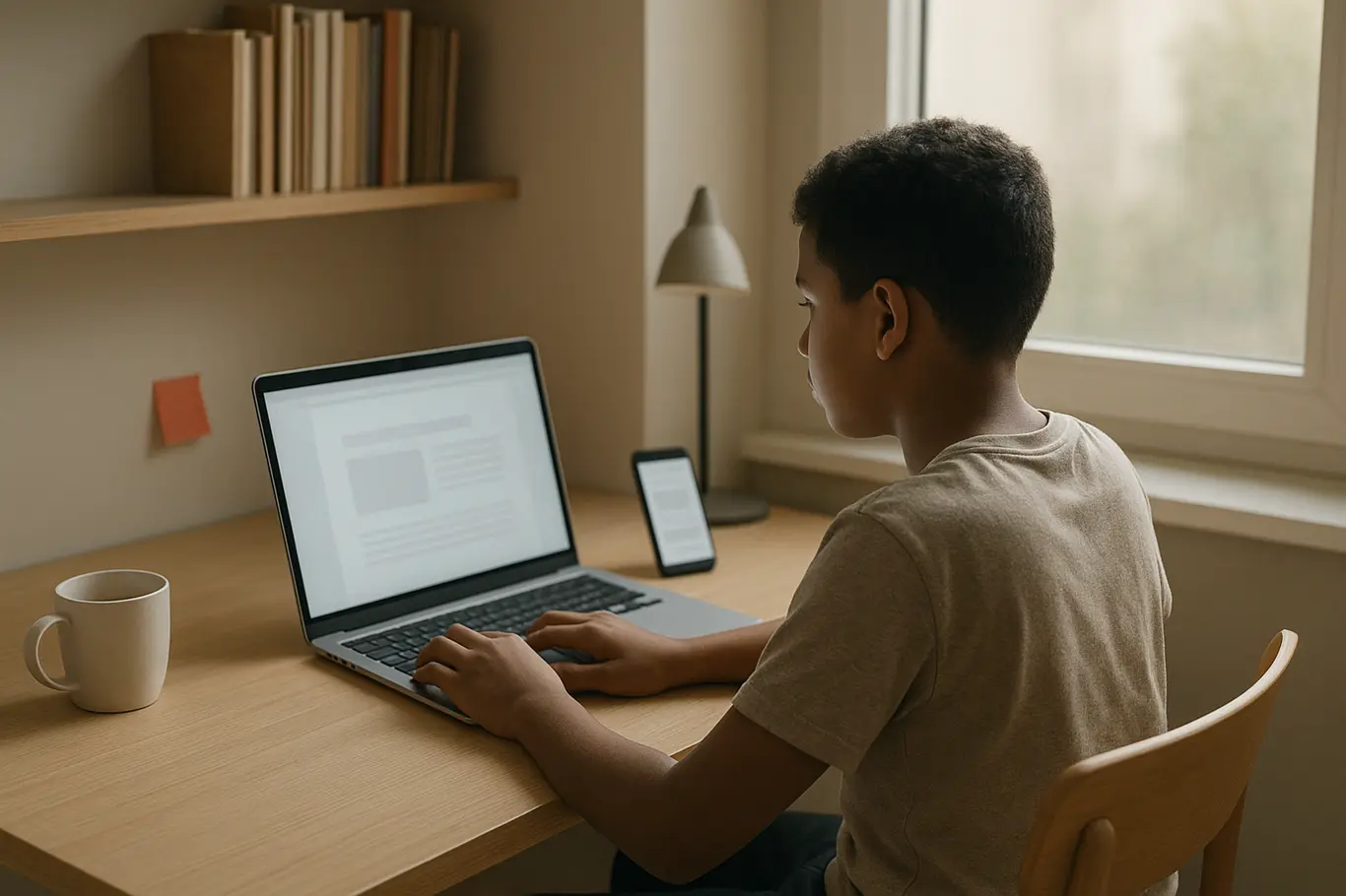 Workspace doméstico amplo com menino em perfil diante de notebook e smartphone, telas desfocadas.
