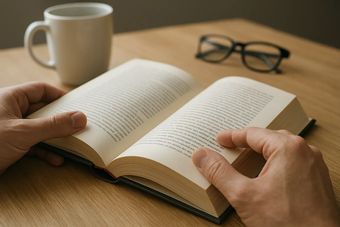 Mãos virando página de um livro aberto com marcador vermelho, ambiente de leitura