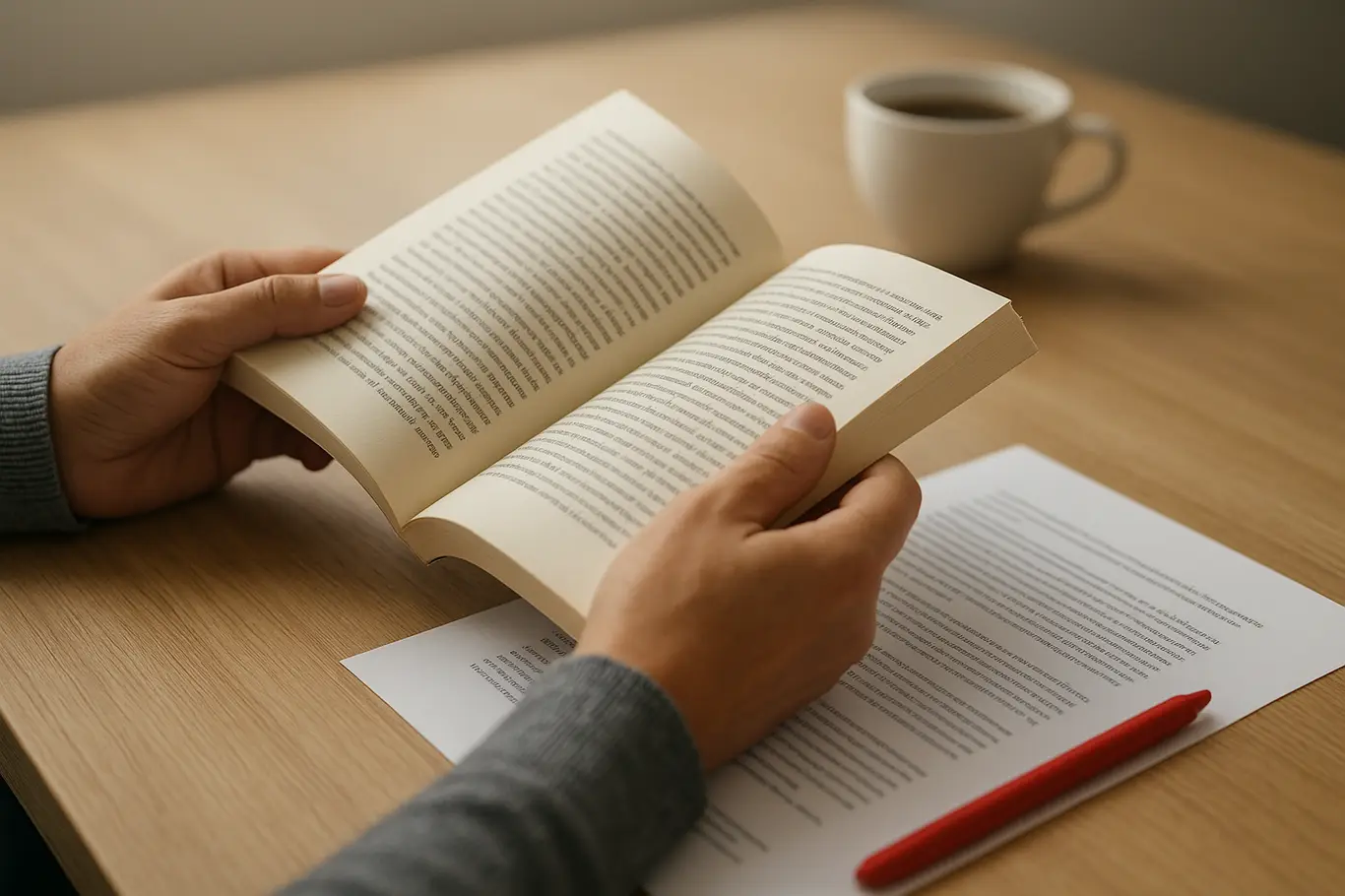 Mãos folheando livro ao lado de folha impressa tipo PDF sobre mesa