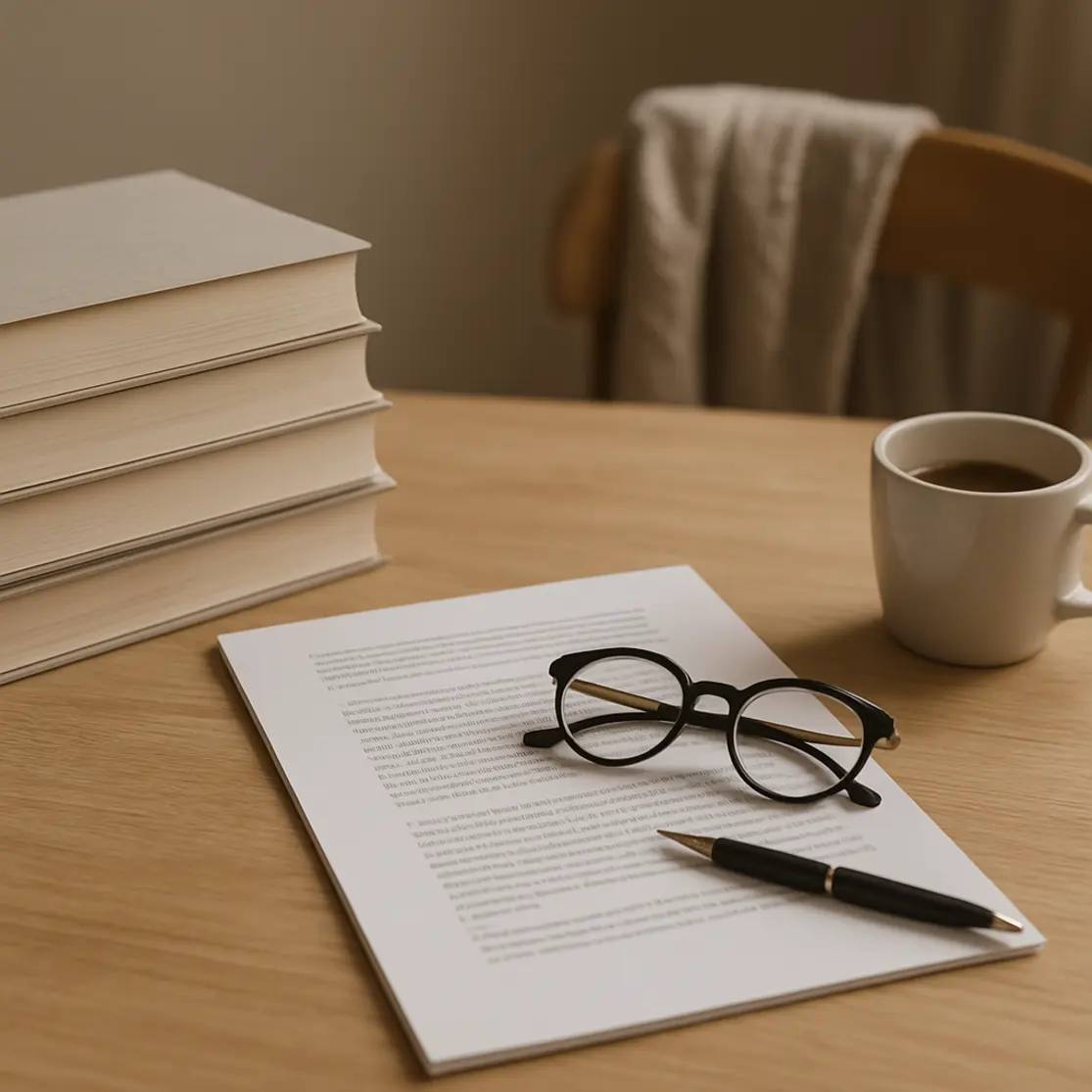 Workspace com pilha de livros, folha impressa e óculos sobre mesa de madeira
