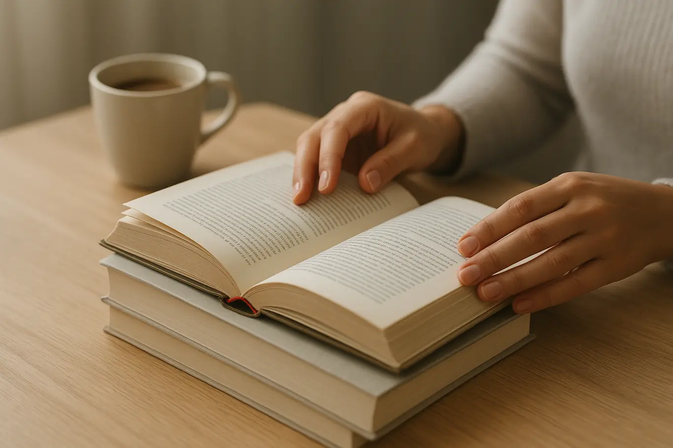 Mãos folheando livro em mesa com pilha de livros e xícara de café ao fundo