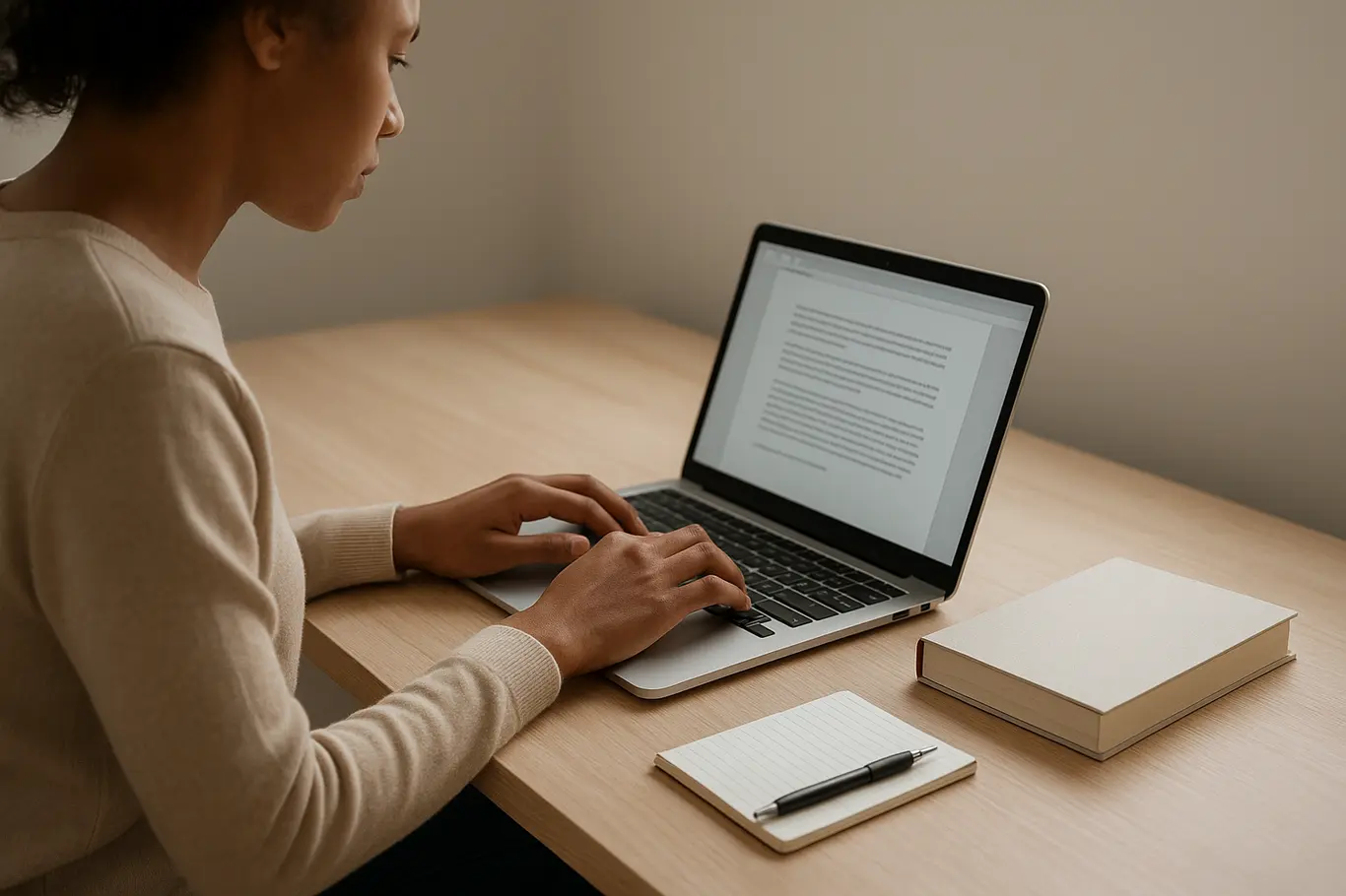 Pessoa vista de lado digitando em notebook em mesa de madeira com livro de capa neutra ao lado