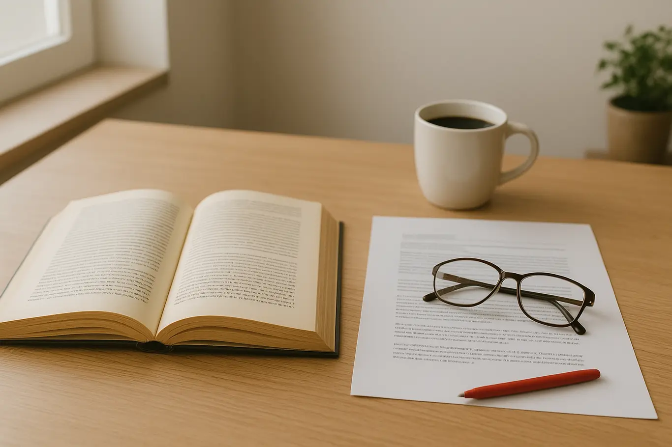 Mesa de leitura com livro aberto, impressão de resumo e óculos