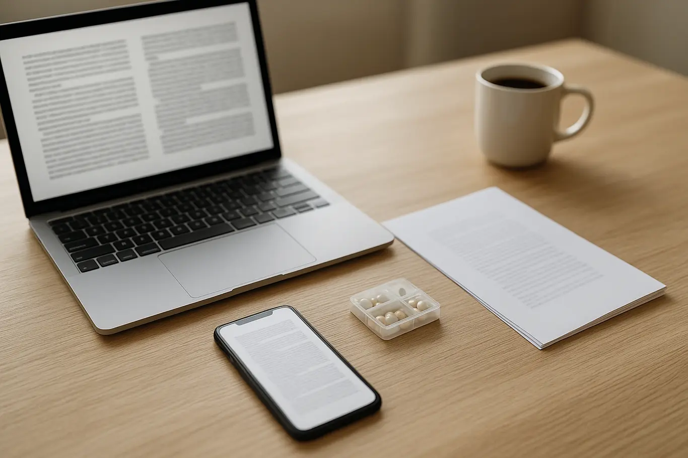 Mesa ampla com notebook e smartphone mostrando documento digital desfocado, organizador de comprimidos e xícara de café