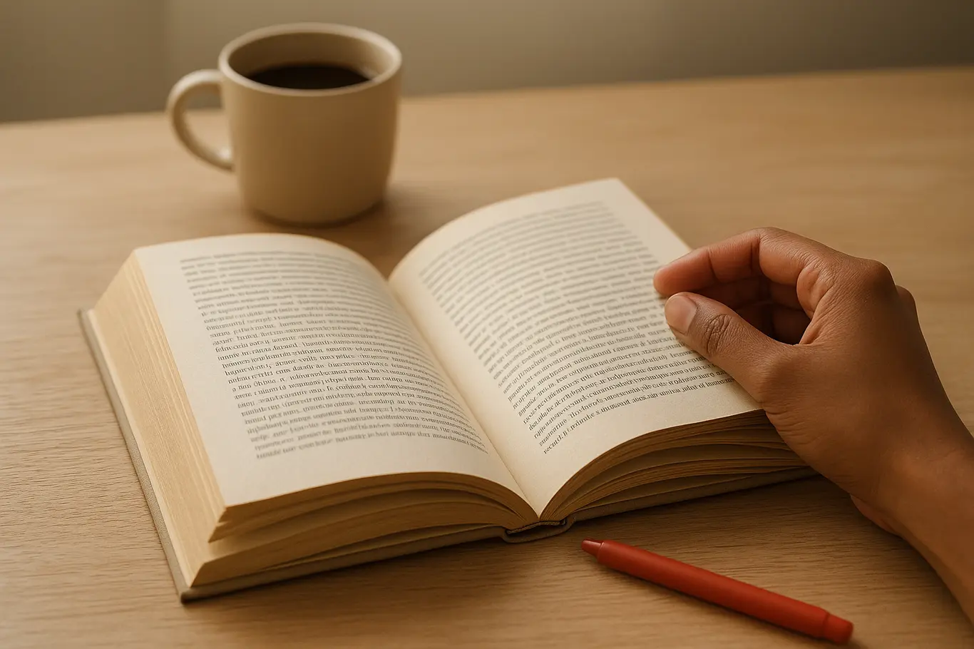 Livro aberto em mesa com mãos virando a página e xícara de café ao fundo