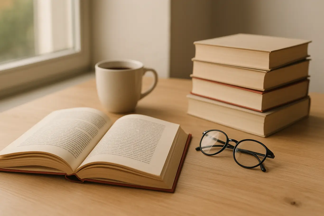 Mesa de leitura com livro aberto, pilha de livros, óculos e xícara de café, iluminação natural