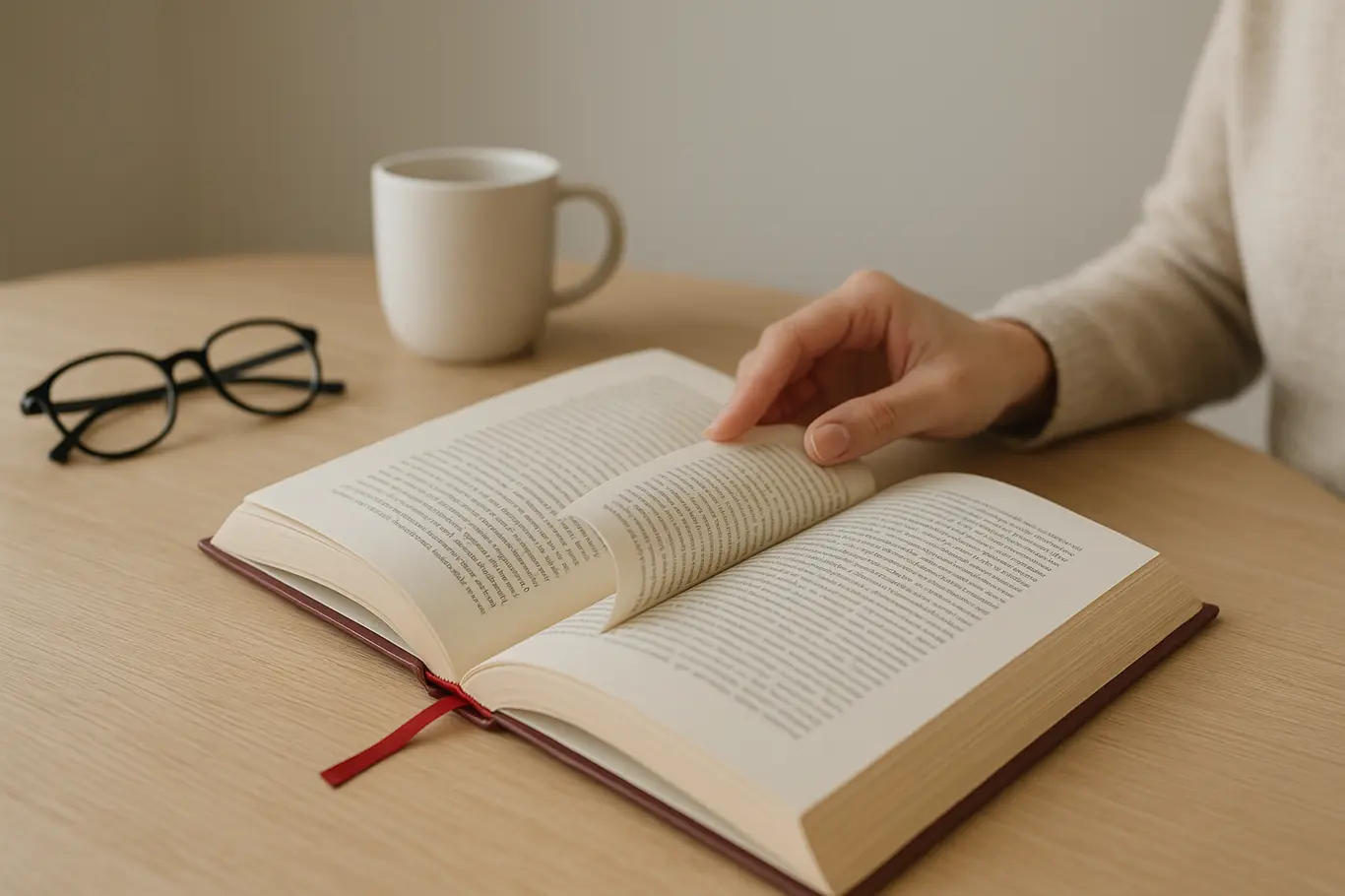 Mesa de leitura com livro aberto, marcador vermelho e mão folheando página