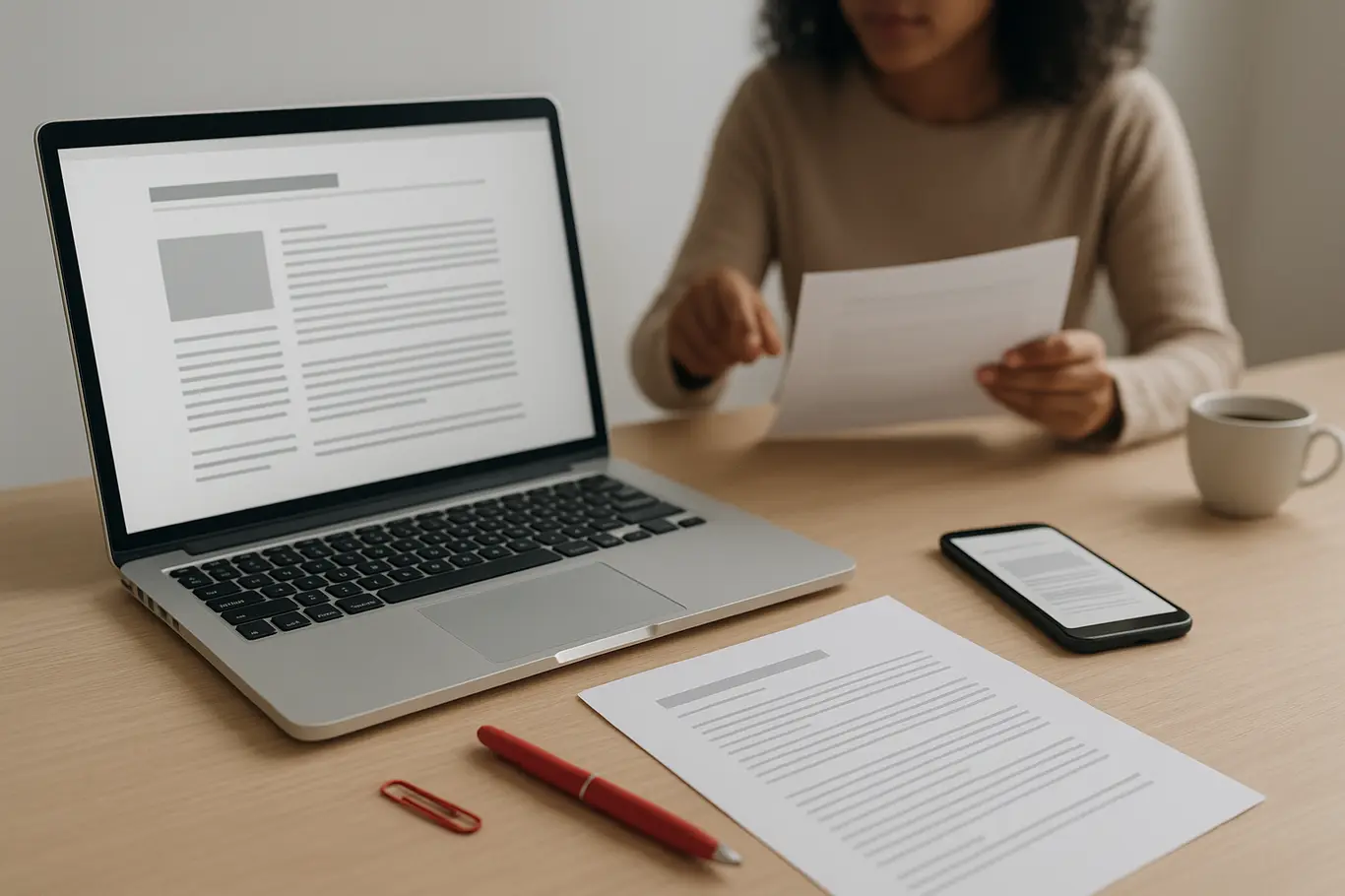 Mesa de trabalho com notebook, smartphone e cópia impressa de documento tipo PDF, pessoa desfocada ao fundo