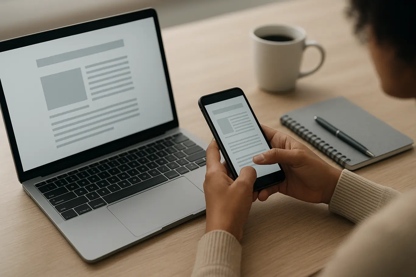 Workspace com notebook e smartphone exibindo documentos genéricos desfocados, mãos ajustando dispositivo, mesa de madeira clara