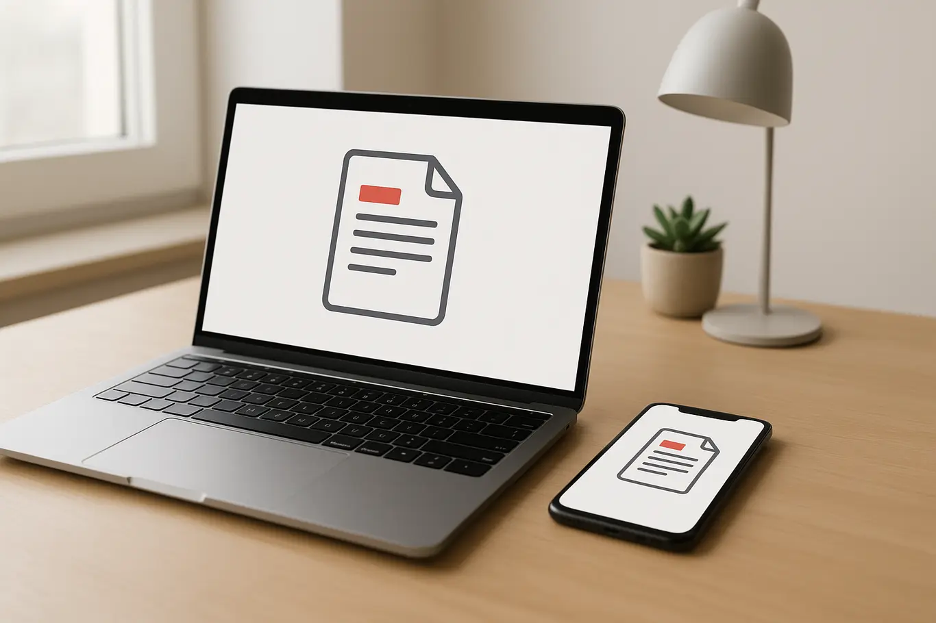 Workspace com notebook e smartphone exibindo miniaturas de documentos tipo PDF sobre mesa de madeira clara
