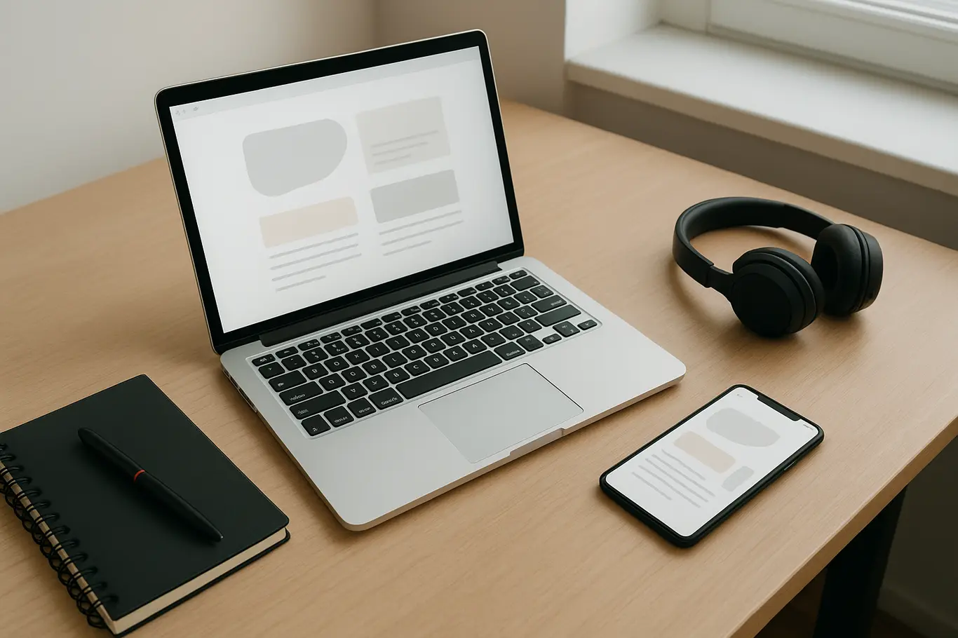 Mesa de madeira com notebook e smartphone mostrando mockups de PDF, caderno e caneta vermelha